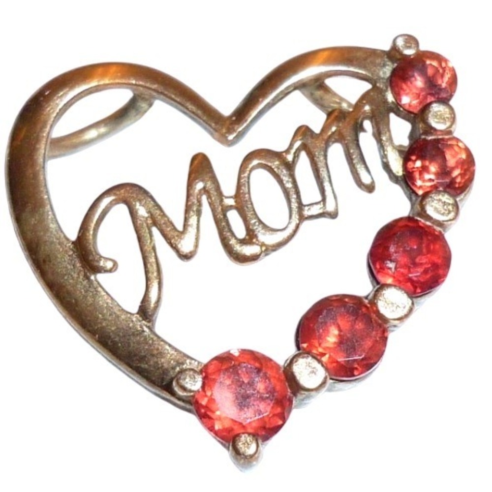 925 Sterling Silver Mom Heart Pendant Red Garnet Stones Mother Gift